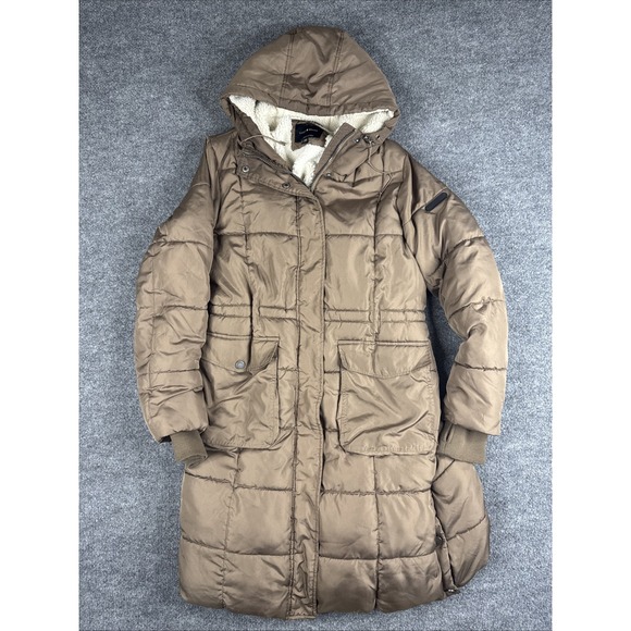 Lucky Brand Jackets & Blazers - Lucky Brand Womens Quilted Puffer Jacket Brown Medium Sherpa Lined Hooded Zip Up